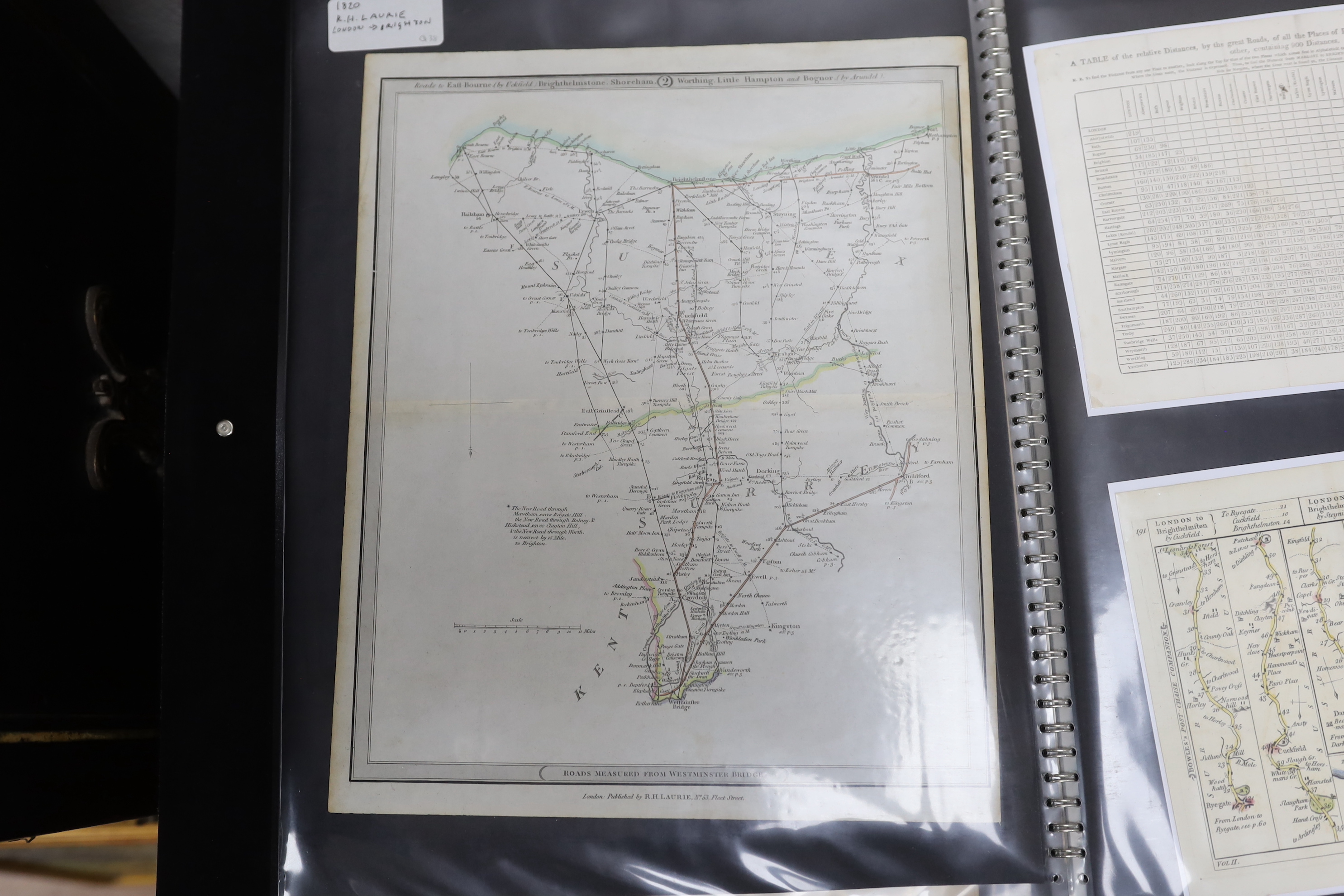 A folder of fifty-two mainly 18th and 19th century maps and charts of Sussex and the related area, including; engravings from books, charts of distances between towns, etc.